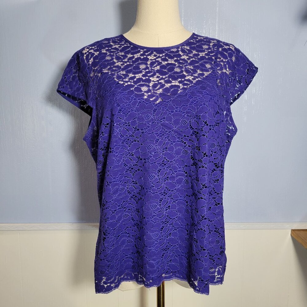 Liz Claiborne Petite Large Blue Lace Overlay Lined Tank Top Cap Sleeve Blouse - Picture 1 of 10